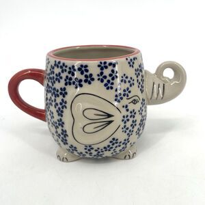 Yokohama Studio 3D Elephant Mug Japan Cup 20oz Handpainted Blue Flowers Trunk Up